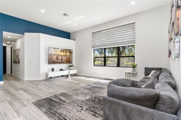Interior, Living room, Recessed Lighting, Wood Texture Flooring