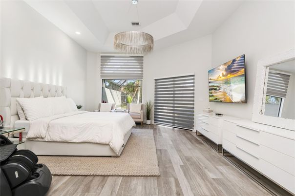Bedroom, Interior, Pendant Lights, Recessed Lighting, Wood Texture Flooring