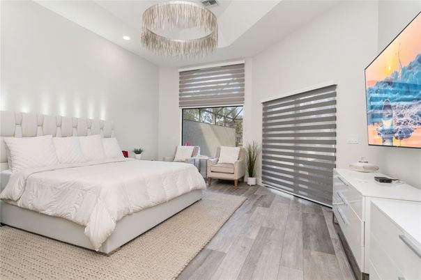 Bedroom, Interior, Recessed Lighting, Wood Texture Flooring