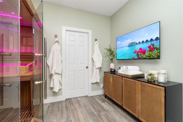 Bathroom, Glass Shower, Interior, Recessed Lighting, Wood Texture Flooring