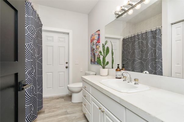 Bathroom, Interior, Tile Countertops, Wood Texture Flooring