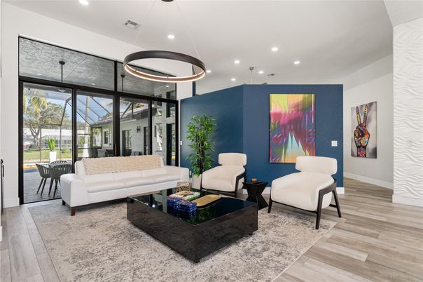 Interior, Living room, Pendant Lights, Recessed Lighting, Wood Texture Flooring