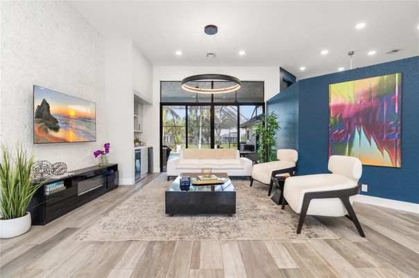 Interior, Living room, Pendant Lights, Recessed Lighting, Wood Texture Flooring