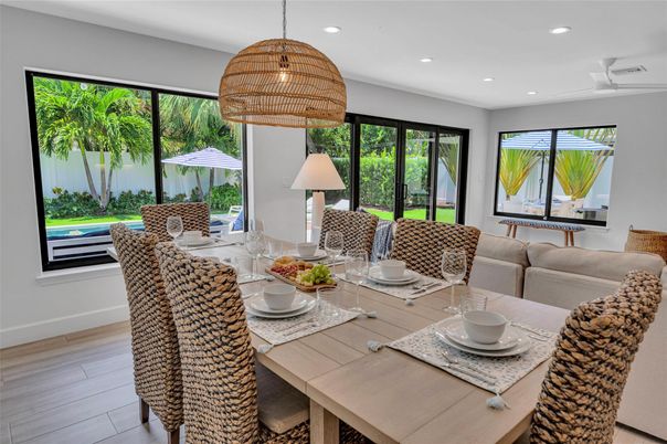 Dining room, Interior, Pendant Lights, Recessed Lighting, Wood Texture Flooring