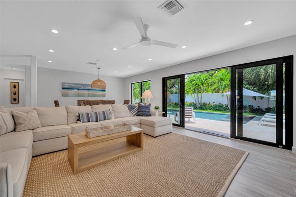 Interior, Living room, Pendant Lights, Recessed Lighting, Wood Texture Flooring