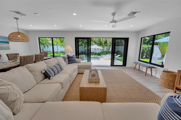 Interior, Living room, Pendant Lights, Recessed Lighting, Wood Texture Flooring