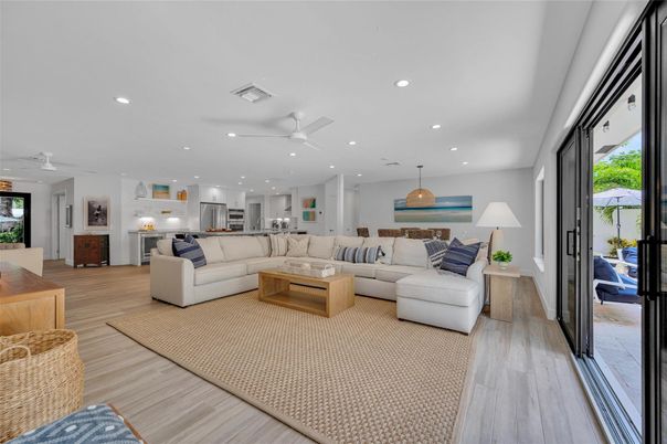 Interior, Kitchen, Living room, Pendant Lights, Recessed Lighting, Wood Texture Flooring