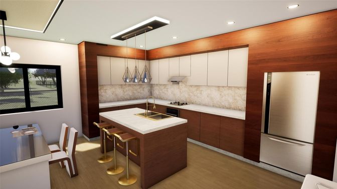 Interior, Kitchen, Pendant Lights, Recessed Lighting, Wood Texture Flooring
