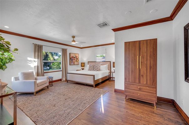 Bedroom, Interior, Recessed Lighting, Wood Texture Flooring