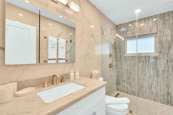 Bathroom, Glass Shower, Interior, Marble Walls, Recessed Lighting