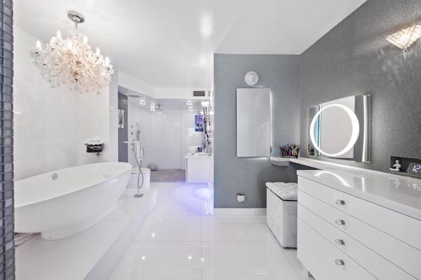 Bathroom, Chandelier, Dual Sink Vanities, Free Standing Baths, Glass Shower, Interior