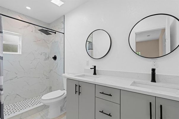 Bathroom, Dual Sink Vanities, Interior, Marble Walls, Recessed Lighting