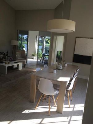 Dining room, Interior, Living room, Pendant Lights, Wood Texture Flooring