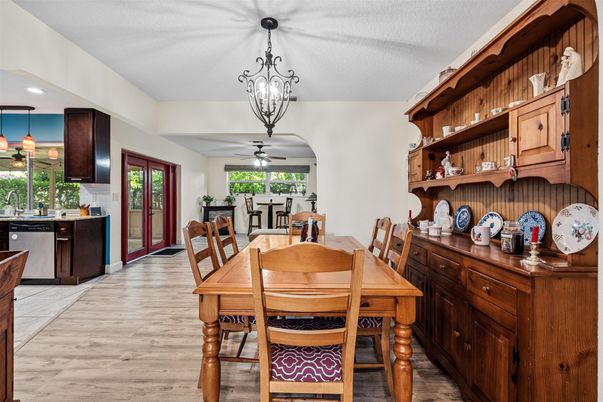 Dining room, Interior, Pendant Lights, Recessed Lighting, Wood Texture Flooring