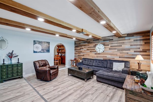 Interior, Living room, Recessed Lighting, Stone Walls, Wooden Beams, Wood Texture Flooring, Wooden Walls