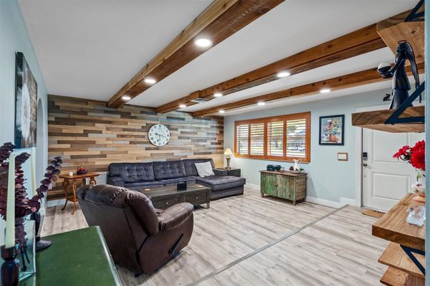 Interior, Living room, Recessed Lighting, Wooden Beams, Wood Texture Flooring, Wooden Walls