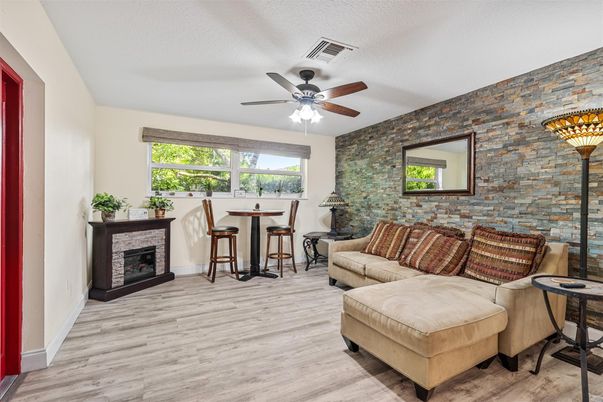 Fireplace, Interior, Living room, Stone Walls, Wood Texture Flooring