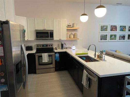 Interior, Kitchen, Pendant Lights, Stainless Steel Appliances, Wood Texture Flooring