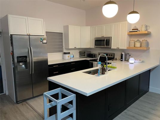 Interior, Kitchen, Pendant Lights, Stainless Steel Appliances, Wood Texture Flooring