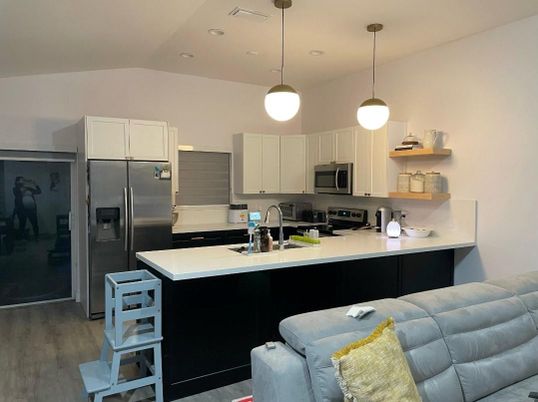 Interior, Kitchen, Pendant Lights, Recessed Lighting, Stainless Steel Appliances, Wood Texture Flooring