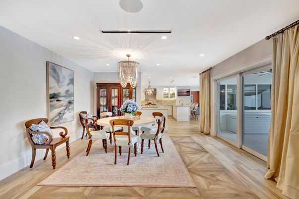 Chandelier, Dining room, Interior, Kitchen, Recessed Lighting, Wood Texture Flooring