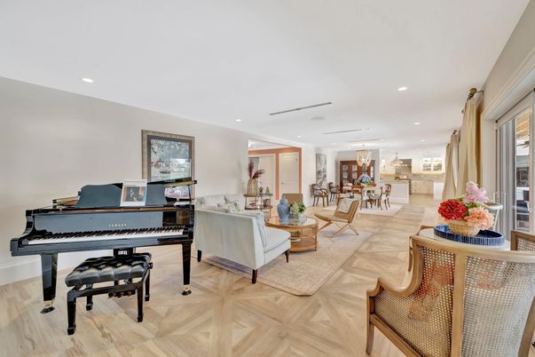 Dining room, Interior, Living room, Piano, Recessed Lighting, Wood Texture Flooring