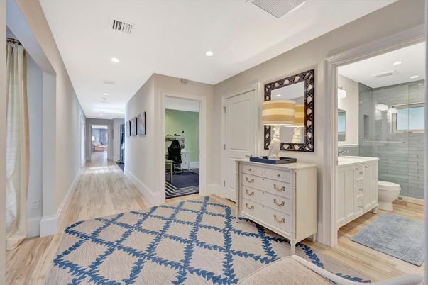 Bathroom, Glass Shower, Interior, Recessed Lighting, Wood Texture Flooring