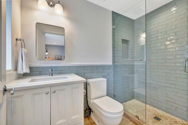 Bathroom, Glass Shower, Interior, Recessed Lighting, Wood Texture Flooring