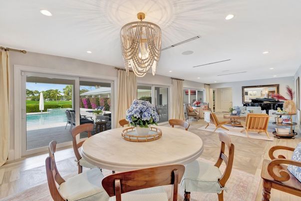 Chandelier, Dining room, Interior, Living room, Piano, Recessed Lighting, Wood Texture Flooring