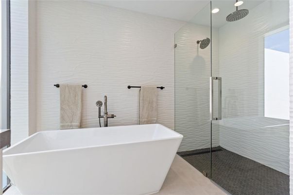 Bathroom, Free Standing Baths, Glass Shower, Interior, Recessed Lighting
