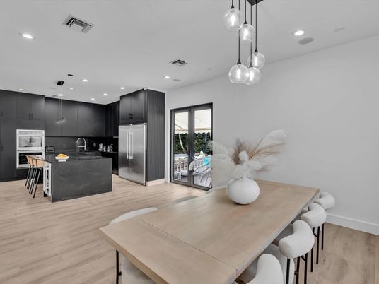 Interior, Kitchen, Pendant Lights, Recessed Lighting, Stainless Steel Appliances, Wood Texture Flooring