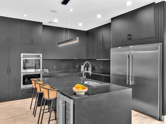 Interior, Kitchen, Pendant Lights, Recessed Lighting, Stainless Steel Appliances, Wood Texture Flooring