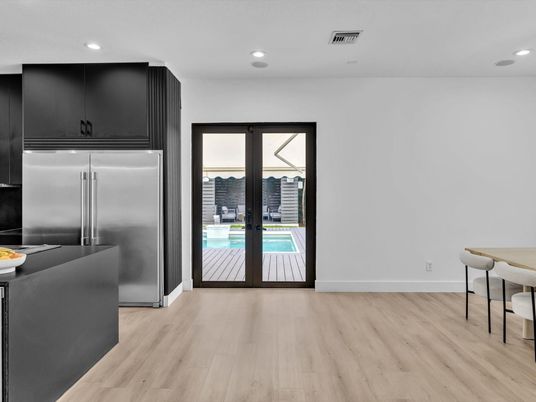 Interior, Kitchen, Recessed Lighting, Stainless Steel Appliances, Wood Texture Flooring