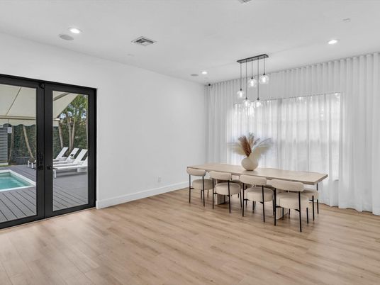 Dining room, Interior, Pendant Lights, Recessed Lighting, Wood Texture Flooring