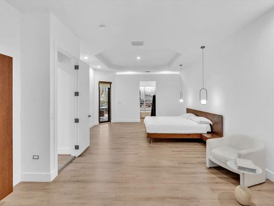 Bedroom, Interior, Pendant Lights, Recessed Lighting, Wood Texture Flooring