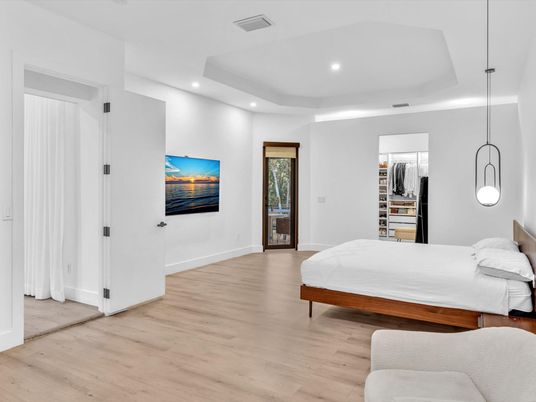 Bedroom, Interior, Pendant Lights, Recessed Lighting, Wood Texture Flooring