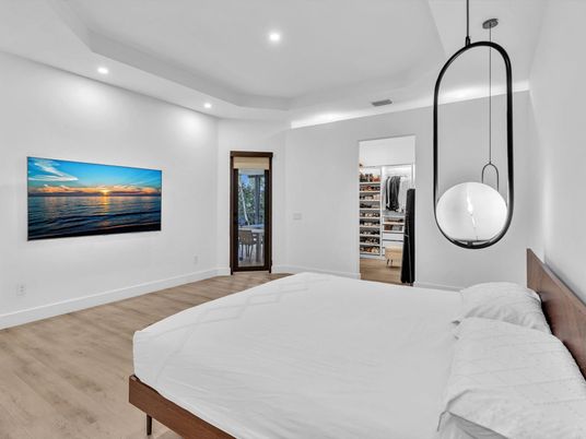 Bedroom, Interior, Pendant Lights, Recessed Lighting, Wood Texture Flooring