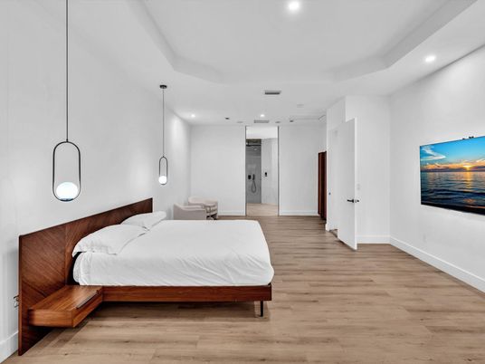 Bedroom, Interior, Pendant Lights, Recessed Lighting, Wood Texture Flooring