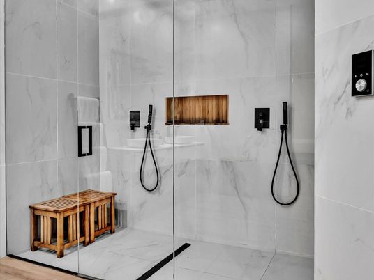 Bathroom, Glass Shower, Interior, Marble Walls