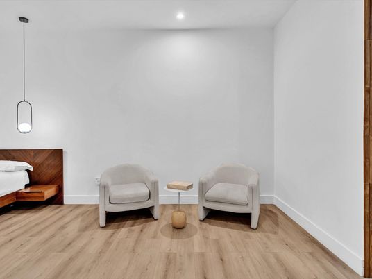 Bedroom, Interior, Pendant Lights, Recessed Lighting, Wood Texture Flooring