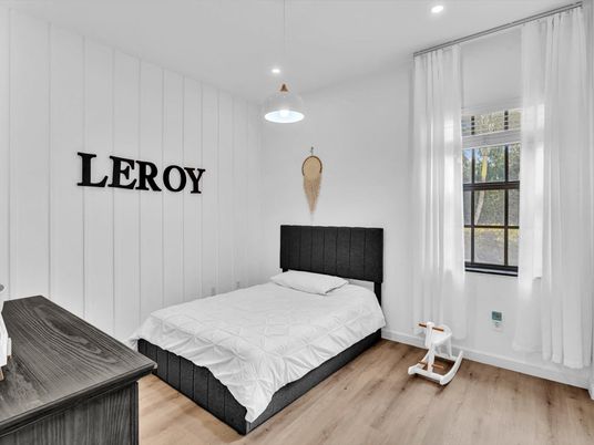 Bedroom, Interior, Pendant Lights, Recessed Lighting, Wood Texture Flooring