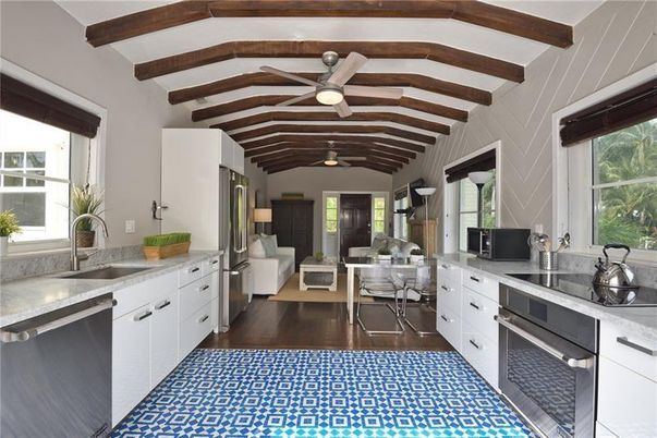 Interior, Kitchen, Living room, Stainless Steel Appliances, Wooden Beams, Wood Texture Flooring