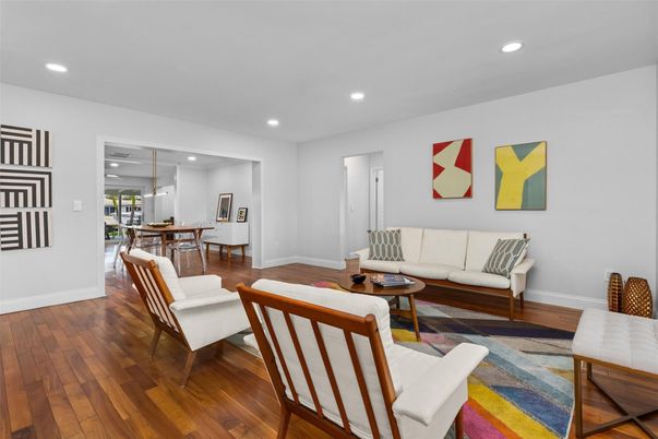 Dining room, Interior, Living room, Pendant Lights, Recessed Lighting, Wood Texture Flooring