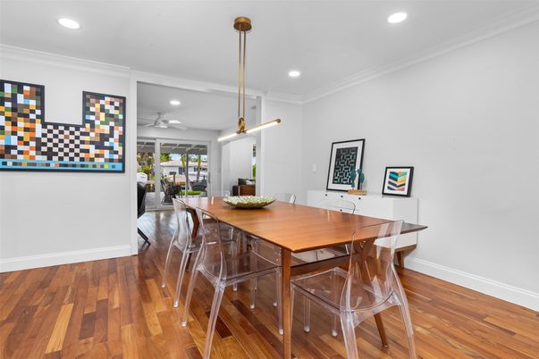 Dining room, Interior, Pendant Lights, Recessed Lighting, Wood Texture Flooring