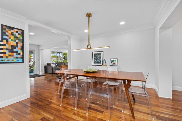 Dining room, Interior, Pendant Lights, Recessed Lighting, Wood Texture Flooring