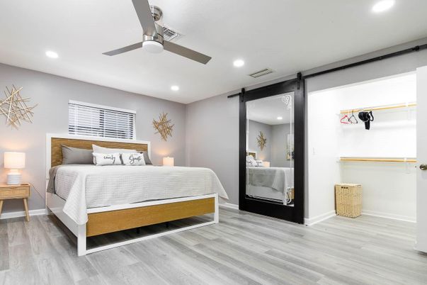 Bedroom, Interior, Recessed Lighting, Wood Texture Flooring