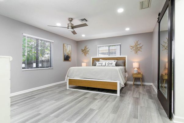Bedroom, Interior, Recessed Lighting, Wood Texture Flooring
