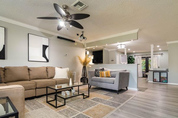 Interior, Kitchen, Living room, Pendant Lights, Recessed Lighting, Wood Texture Flooring