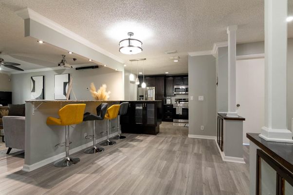 Interior, Kitchen, Pendant Lights, Recessed Lighting, Stainless Steel Appliances, Wood Texture Flooring