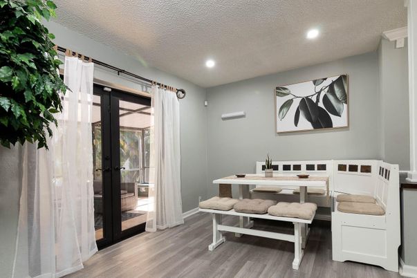 Dining room, Interior, Recessed Lighting, Wood Texture Flooring